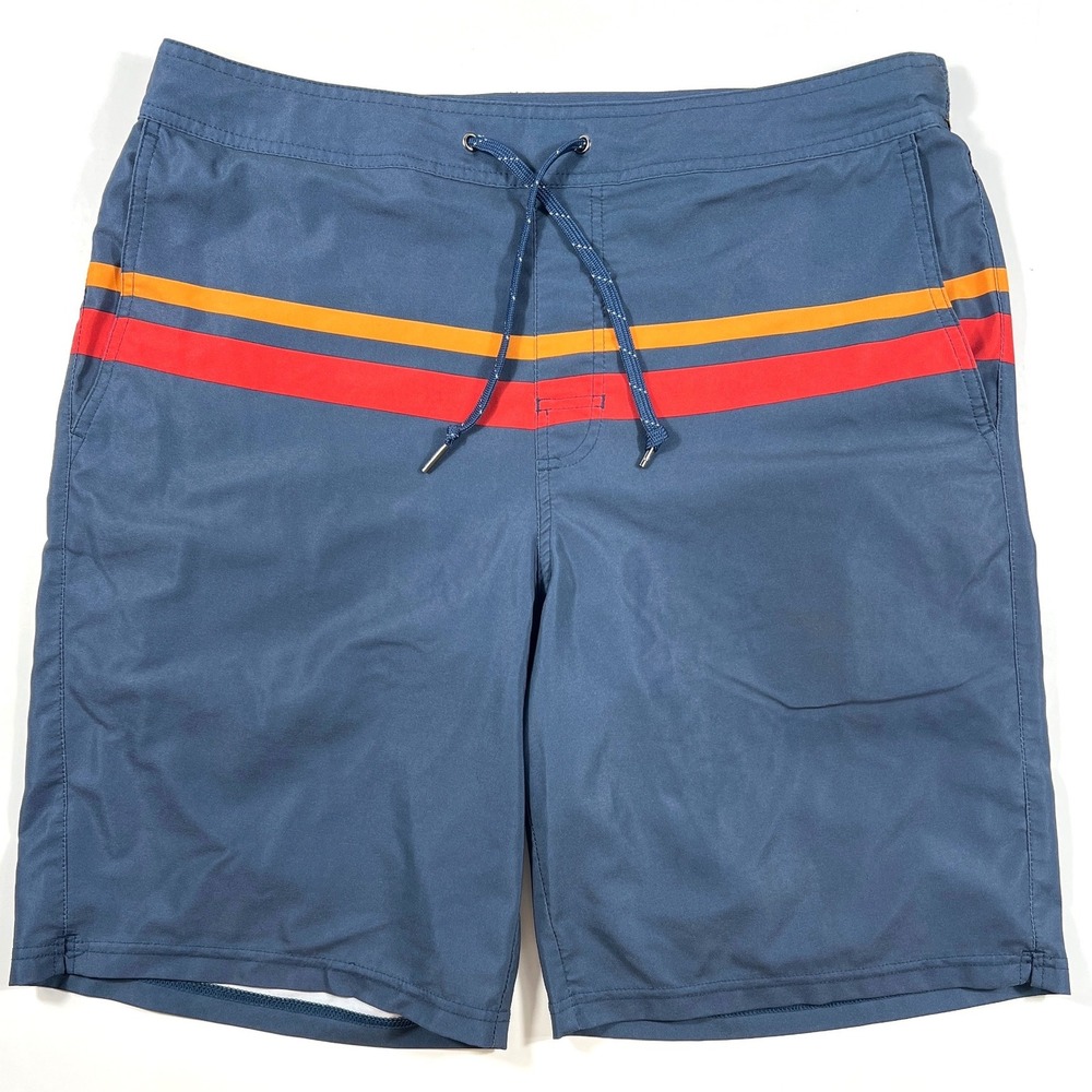 Fair Harbor Mens XL 9" Swim Trunks Board Shorts Blue Orange Red Stripe Lined EUC